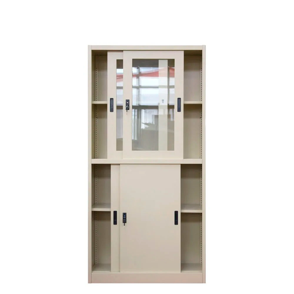 Modern Design Metal Glass Sliding Door Bookcase 4- Shelf Steel Office File Cabinet Cupboard for School & Hospital Use