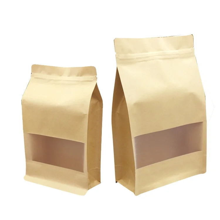 Low Moq Custom Recycled Food Packaging Flat Bottom Durable Ziplock Kraft Paper Eight Side Bag with Window