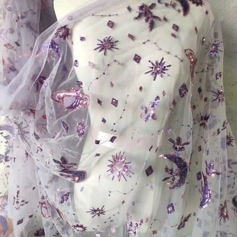 3D Embroidery Star and Moon  Floral Sequins Lace Fabric