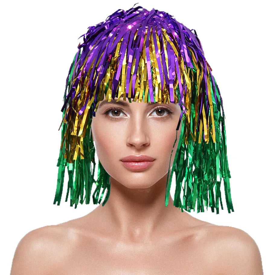 Carnival Party Decoration Shiny Metallic Fringe Tinsel Hat PET Tinsel Wig Headwear Cheerleading Costume Prop