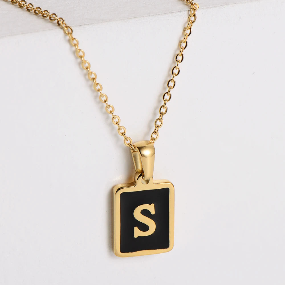 Waterproof Tarnish-Free Stainless Steel PVD 18k Gold Rectangle Pendant Necklace 26 A-Z Initials Trendy Christmas Fashion Jewelry