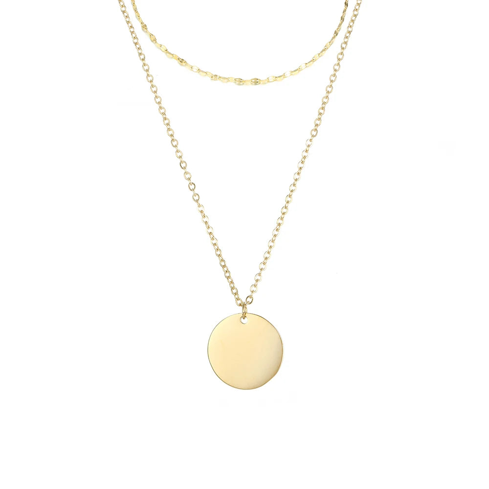 2 Pcs/set Custom Multi Layered Women Stainless Steel 13mm Layered Round Disc Pendant Necklace Set