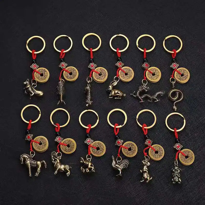 Creative Pure Brass Twelve Chinese Zodiac Brass Chinese Zodiac Key Pendant Key Chain Accessories Rat Cattle Tiger Rabbit Dragon