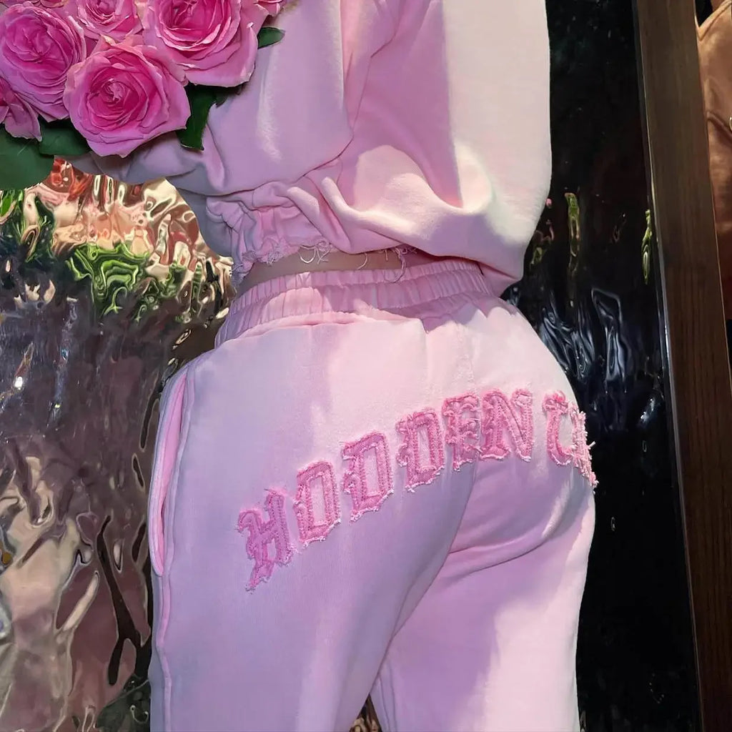Custom Distressed Embroidery Cropped Streetwear 360 Grams High Quality Zip up Two Piece Sweatpants and Hoodie Set Joggers Women