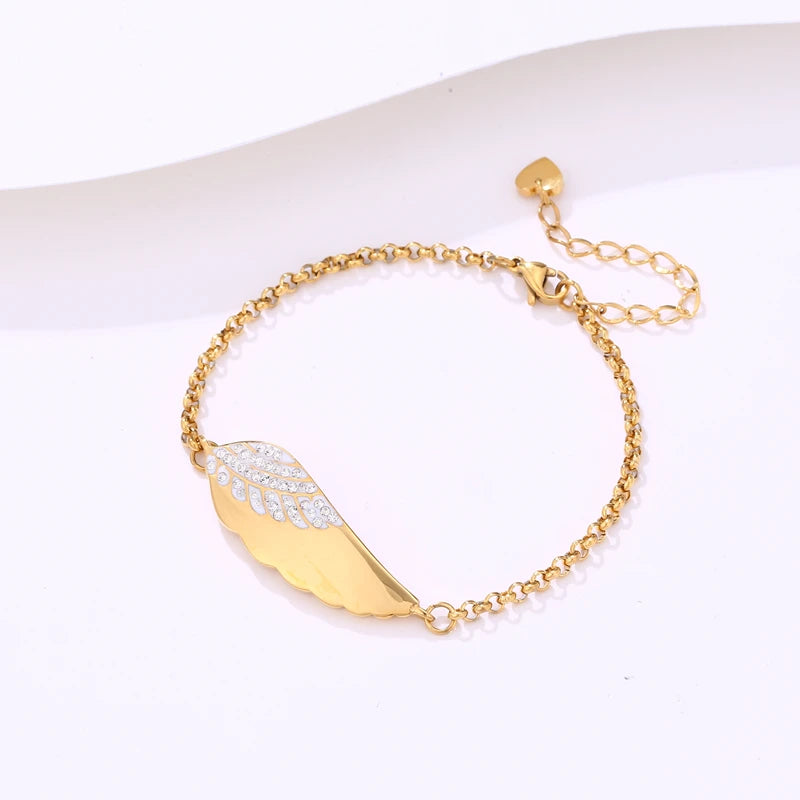 Custom Engraved 18K Gold Plated Stainless Steel Wing Collection Trendy Link Chain Bracelet Necklace & Charm Set for Women