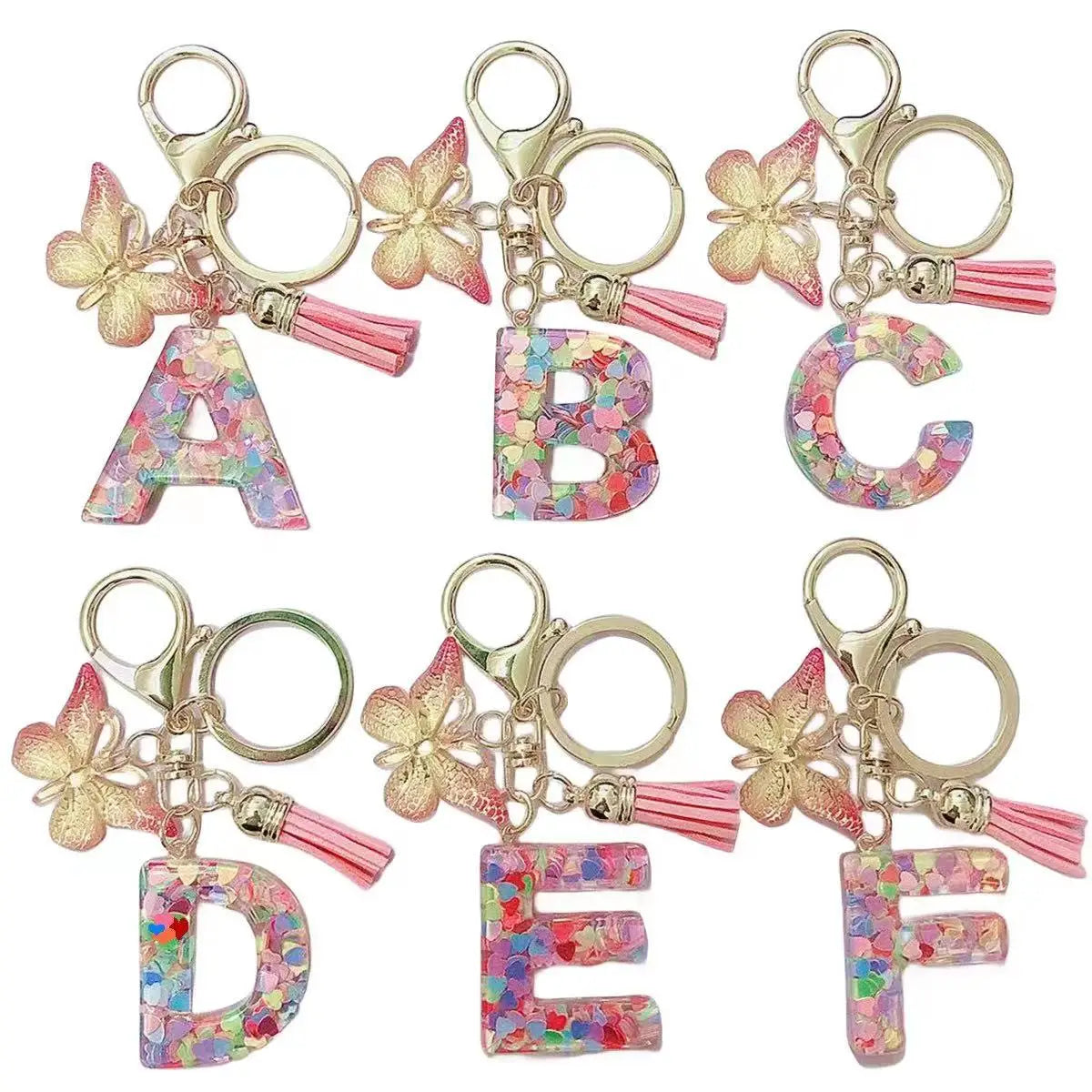 2023 New Resin Pink Heart Sequin Crystal Letter Keychain Romantic Sparkling Tassel Butterfly Pendant Keychain for Women Girls