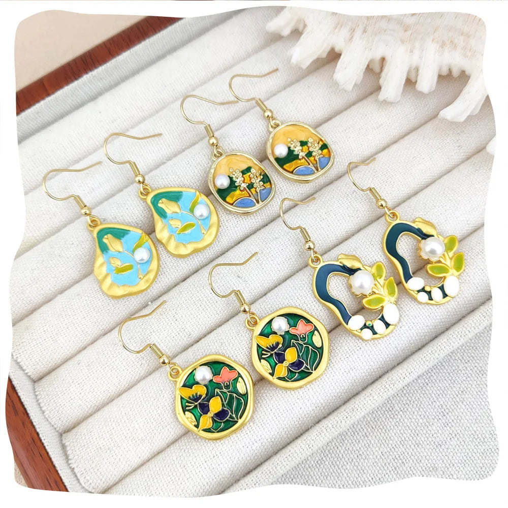 Retro Oil Painting Style Monet Garden Enamel Colorful Flower Drop Earrings 18k Gold Genuine Pearl Pendant Earrings for Women
