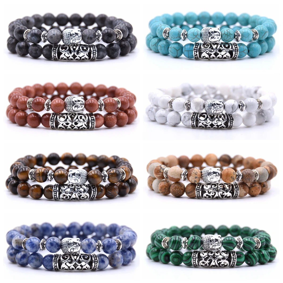 8mm Mixed Natural Gemstone Bracelet for Couples Silver Buddha Head Friendship Buddhism Healing Reiki for Zinc Alloy