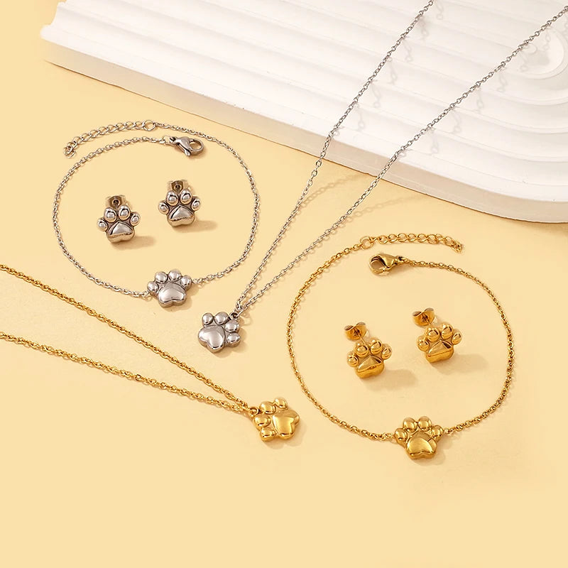 Minimalist Stainless Steel Jewelry Wholesale Tarnish Free 18K Gold Plated Cute Animal Paw Print Necklace Bracelet Earrings Set