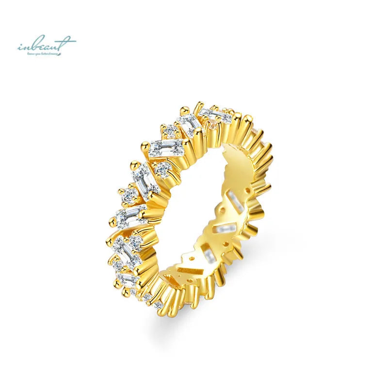 14K Yellow Gold Plated Brilliant Cut Total 5 Carat Diamond Test Past Circled Round&Emerald Cut D Color Moissanite Wedding Ring