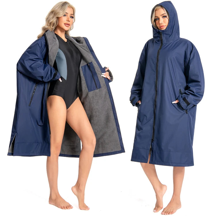 Custom Thicken Fleece Lining Windproof Wild Men Swim Parka Robe Waterproof Parka Robe Jacket Adult Warm Poncho Parka Jacket Coat