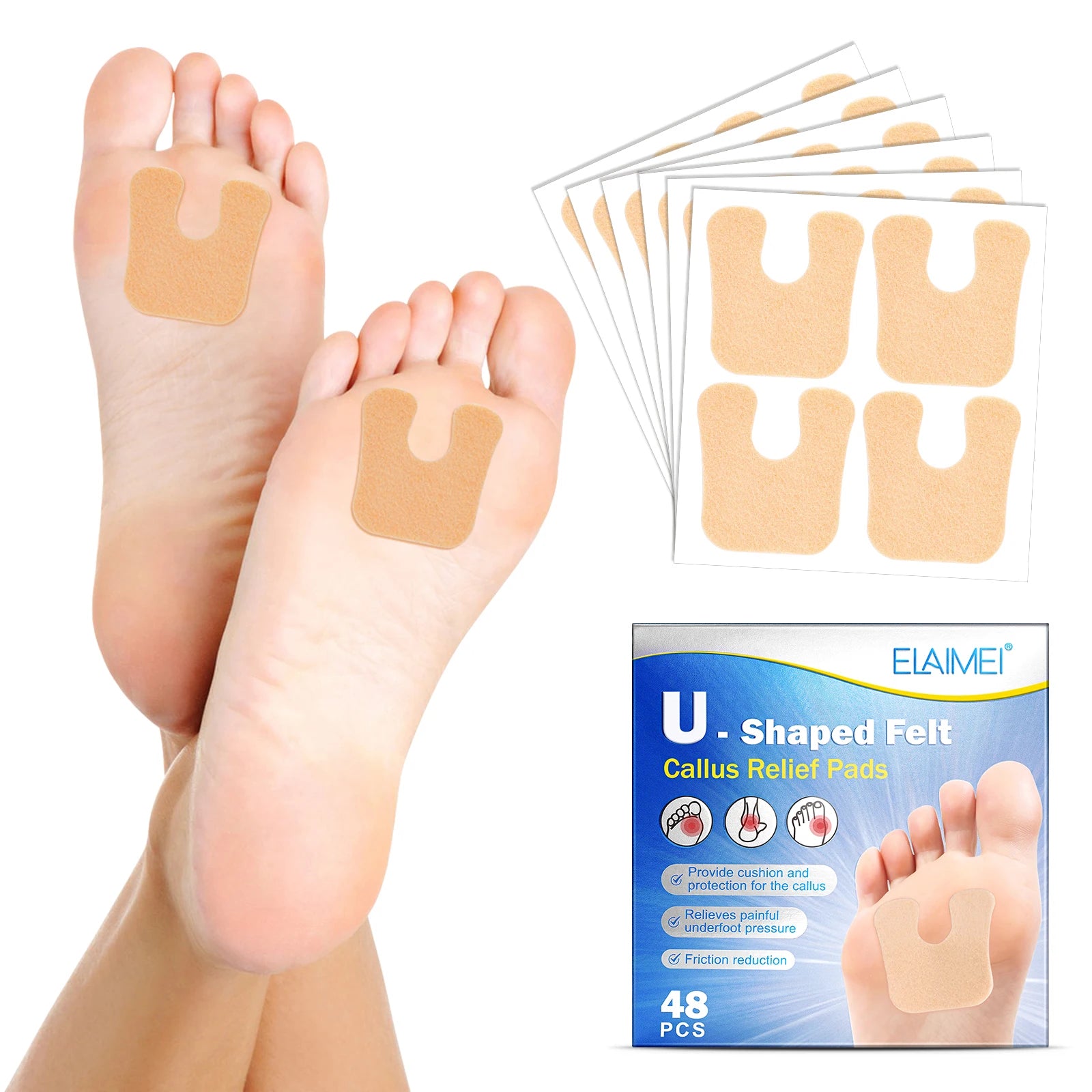 ELAIMEI 48 Pack U-Shaped Felt Callus Pads Self-Stick Pedi Cushions Waterproof Foot Callus Removers Pads for Reduce Heel Pain