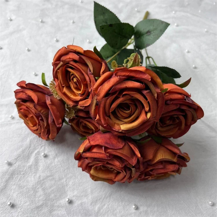 U-3072 Handmade 7-Head Colorful Artificial Bridal Rose Bouquets Realistic Wedding Decoration for Christmas and Mother's Day