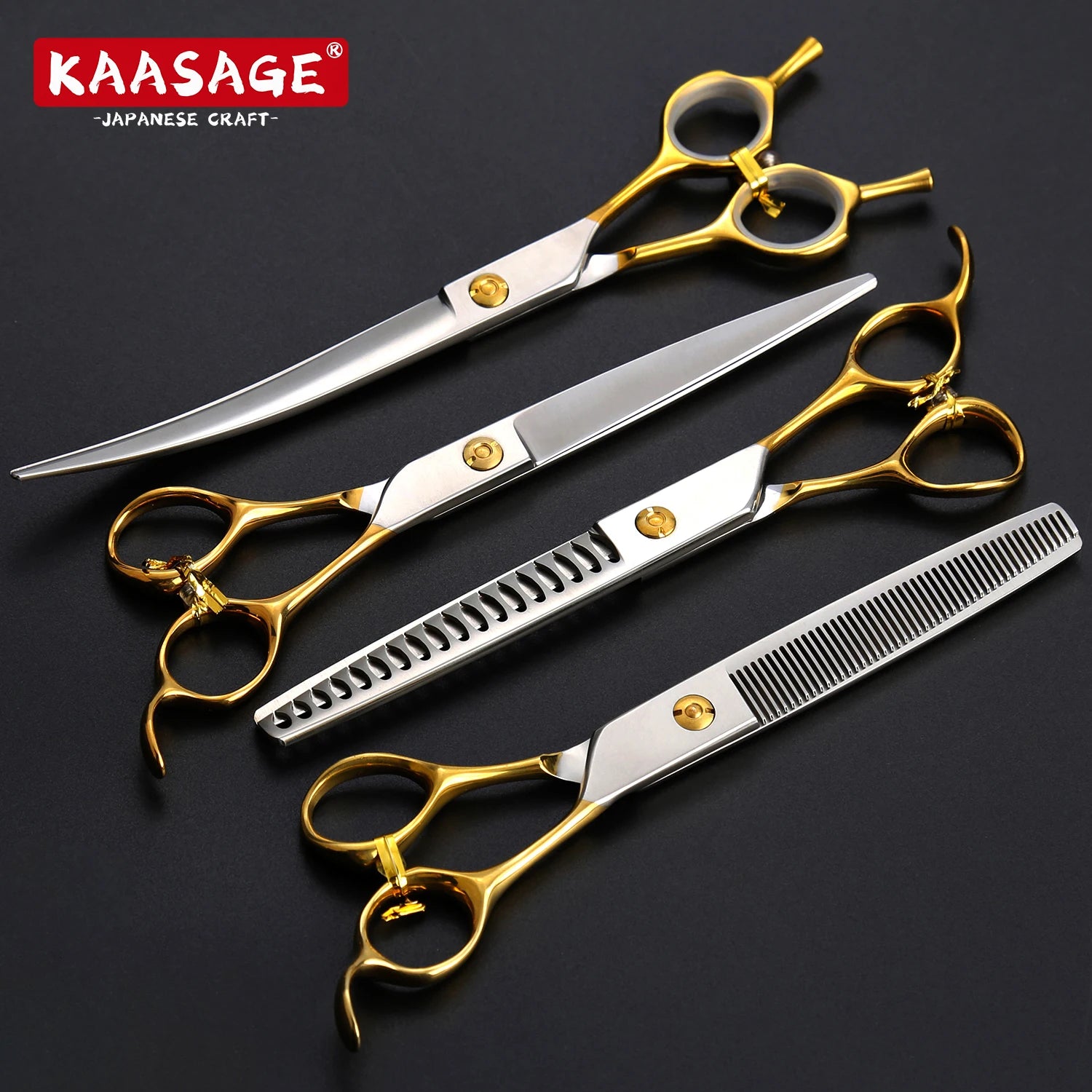 Professional 7.5inch Gold Dog Grooming Scissors Set Japan 440C Pet Scissors Cutting Curved Thinning Chunker Scissors