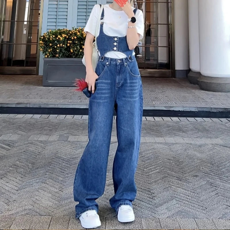 Customize Blue Cotton Denim Pants-Loose Casual High Regular Leg Stretch for Women Baggy Wide Straight Slim Fit Overalls Mid