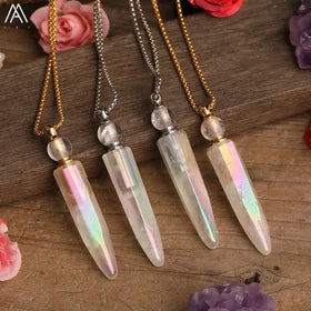 Women's Natural Titanium AB White Quartz Crystal Perfume Bottle Pendant Necklace with Gold Plating Essential Oil Vial Jewelry