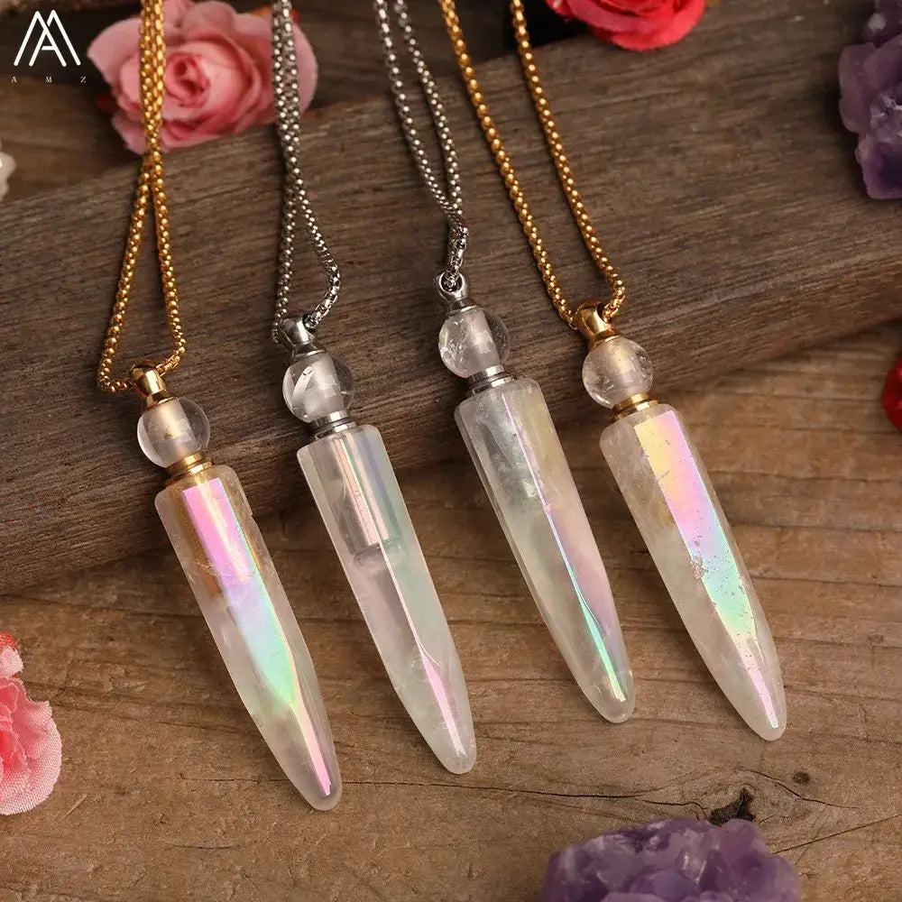 Women's Natural Titanium AB White Quartz Crystal Perfume Bottle Pendant Necklace with Gold Plating Essential Oil Vial Jewelry