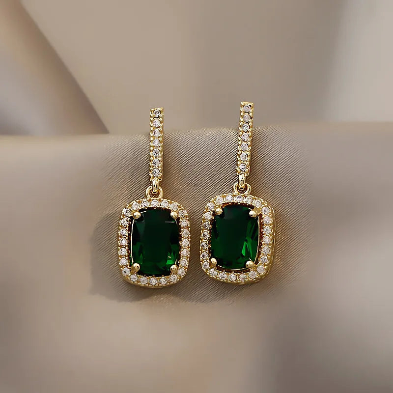 Emerald Simple Retro 925 Silver Needle Copper Inlaid Zircon Earrings