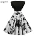 Black White Patchwork Floral Print Summer Dress Women Petal Sleeve Vintage Dress Robe Casual Rockabilly Party Vestidos