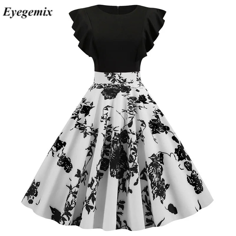Black White Patchwork Floral Print Summer Dress Women Petal Sleeve Vintage Dress Robe Casual Rockabilly Party Vestidos