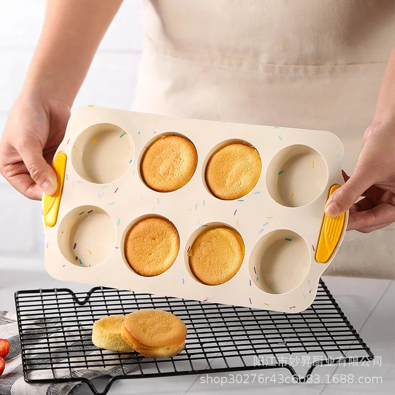 Manjia 8 Cavity Custom Round Shape Non-stick Baking Mini Muffin Cup Cake Silicone Cupcake Molds Pan Pudding Mold