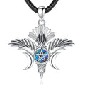 Fine Men's Jewelry 925 Sterling Silver Wiccan Raven and Triple Moon Design Pendant Necklace with Blue Shell