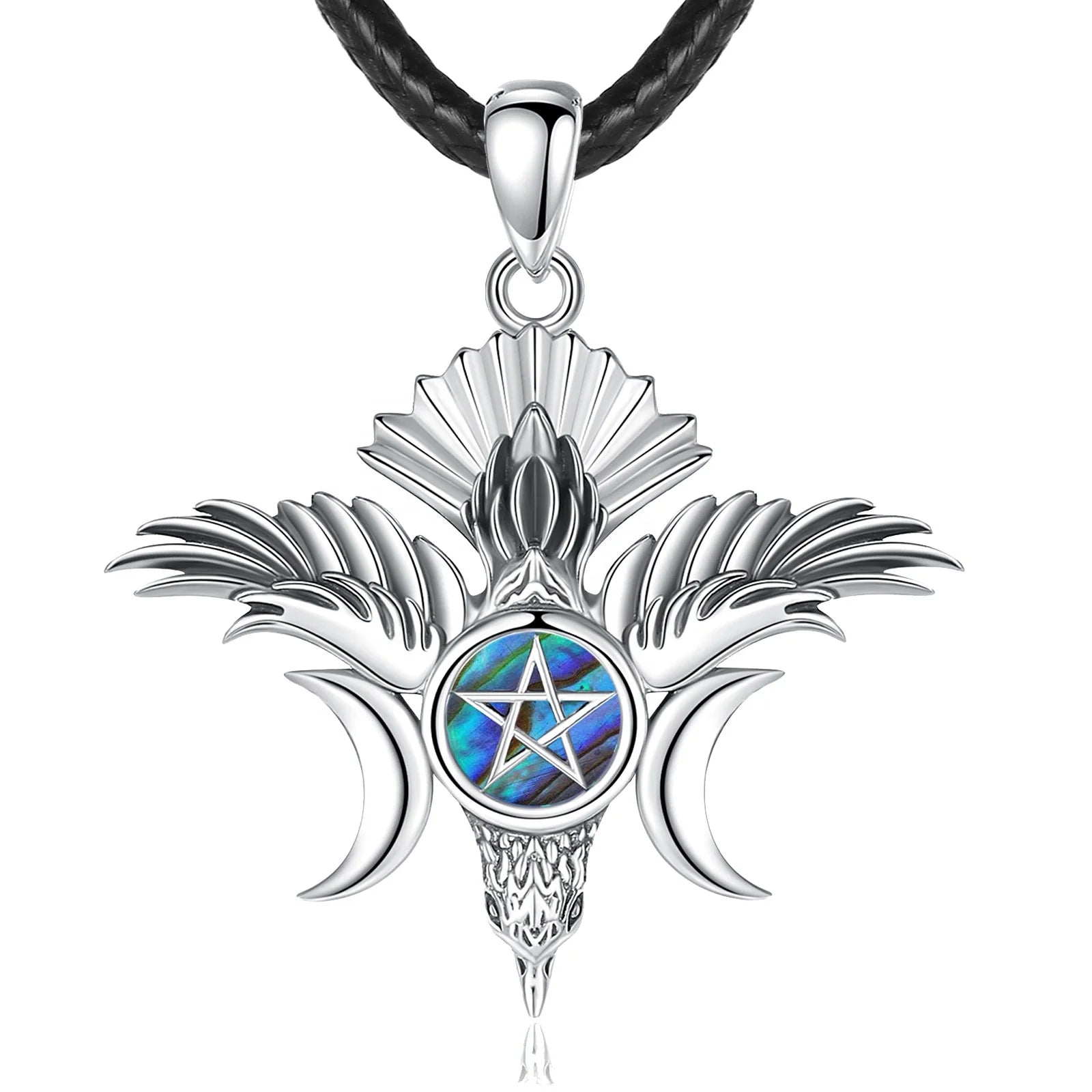 Fine Men's Jewelry 925 Sterling Silver Wiccan Raven and Triple Moon Design Pendant Necklace with Blue Shell