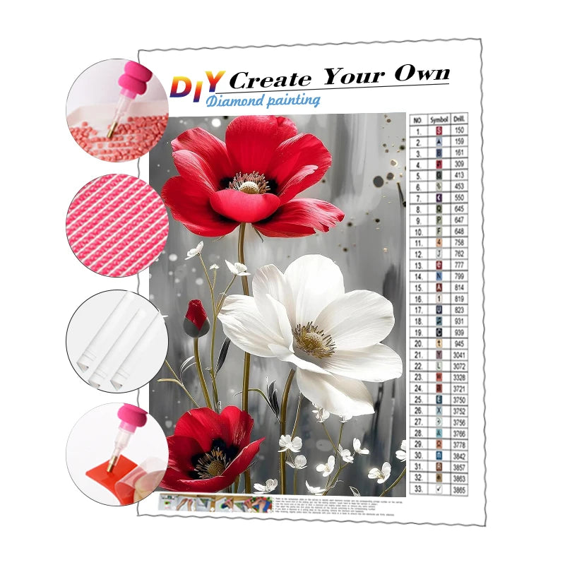 Custom 30x40cm 5d Diy Diamond Painting Red and White Flowers Cross Stitch Full Drill Diamond Painting Set Home Decor for Adults
