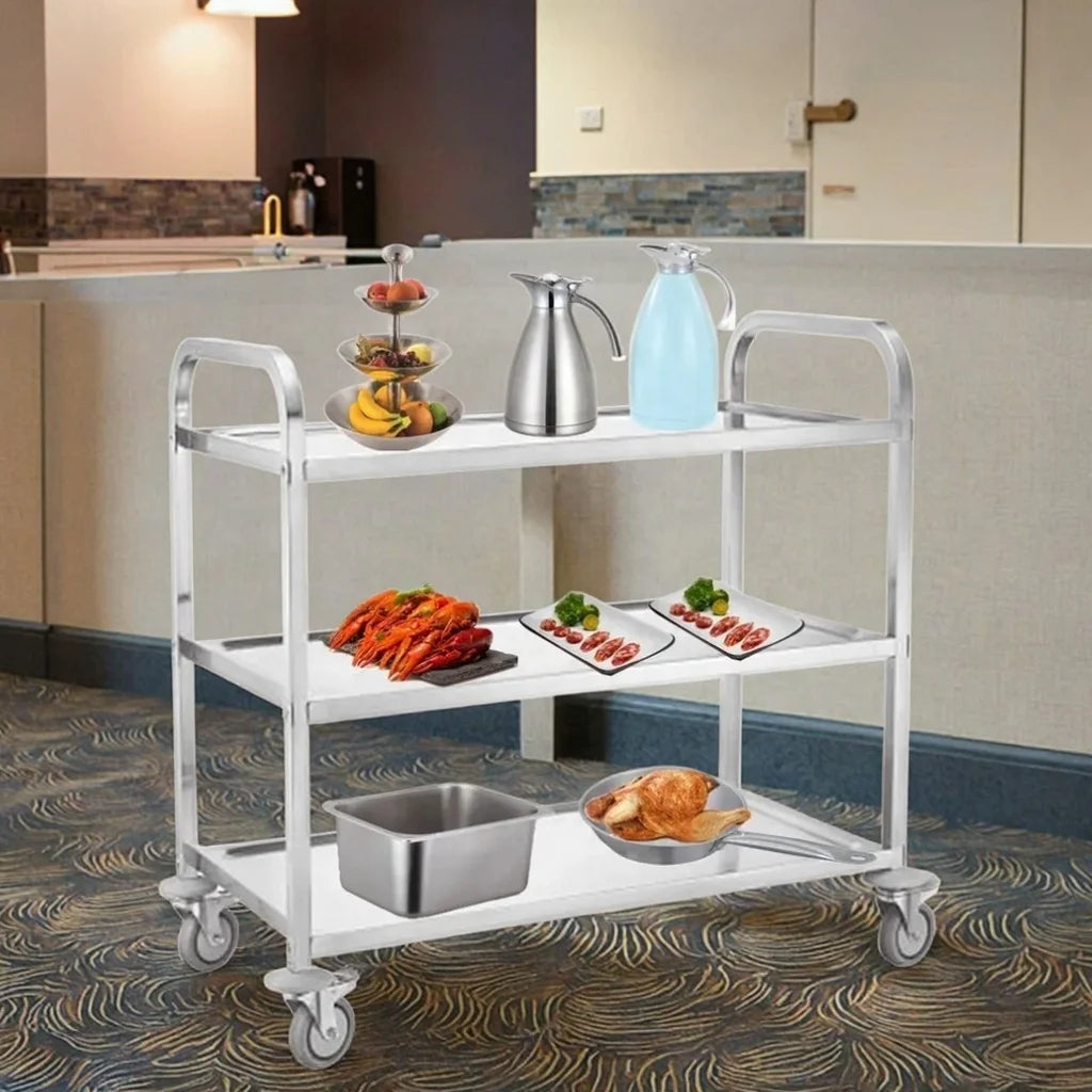 Commercial Hotel Equipment Food Service Trolleys SS 201 Stainless Steel 3 Tiers Heavy-Duty 4-Wheel Polished Finish Restaurant