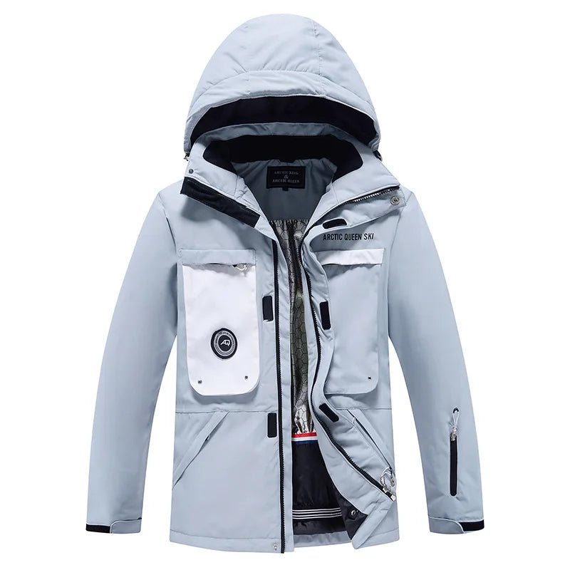 OEM Custom Winter Sportswear Hooded Waterproof Breathable Rip-Stop Thick Warm Snowboard Ski Jacket Zipper Plus Size Unisex