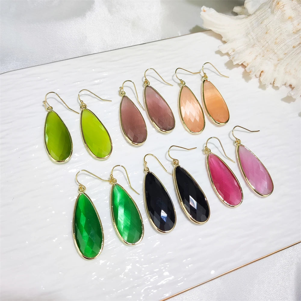 Manufacturer's Elegant Cat Eye Stone Pear Gold Earrings Natural Quartz Pink Green Blue Faceted Water Drop Shape for Gifts