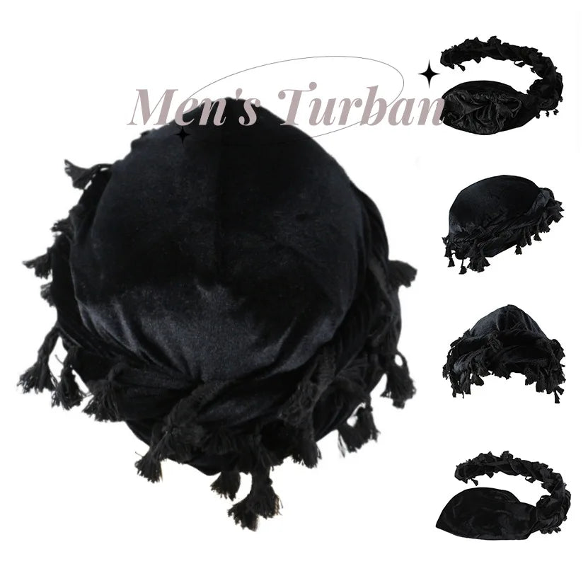 Hip Hop Vintage Satin Silk Lined Pleuche Velvet Pre-Tied Halo Twisted Mens Turban Head Wrap Durag for Men
