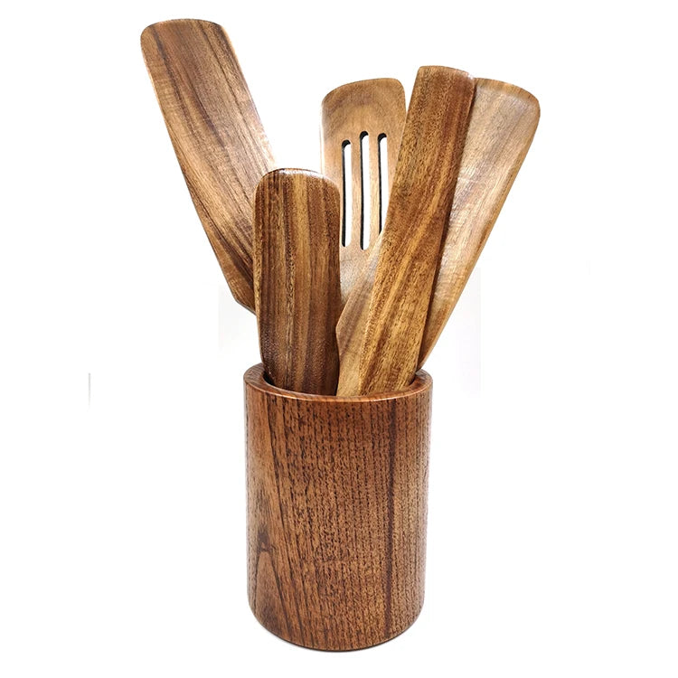 Acacia Teak Wood Handle Cooking Spatula Set Non Stick Cookware