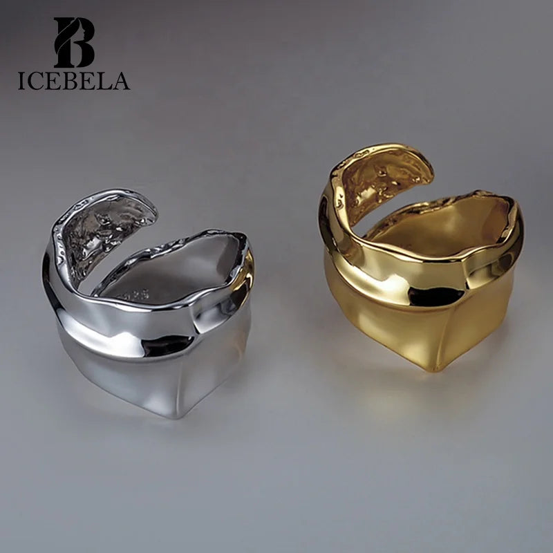 Luxury Gold Color Korean High Polish Waterproof S925 Sterling Silver Wave Wrinkled Irregular Opening Ring for Women