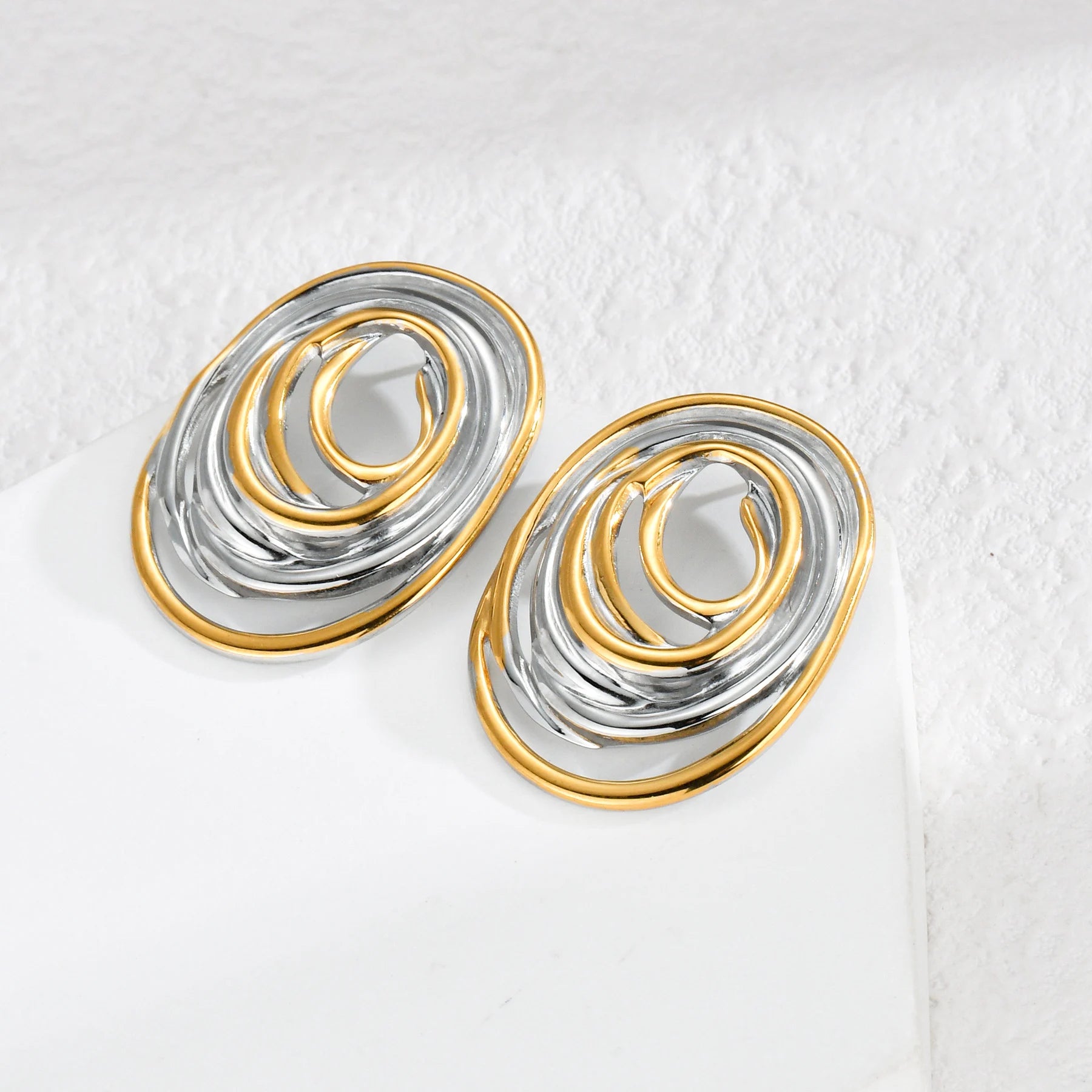 Stainless Steel 18k Gold Plated Unique Design Waterproof Irregular Geometric Shape Two Tone Women Earrings YF3982