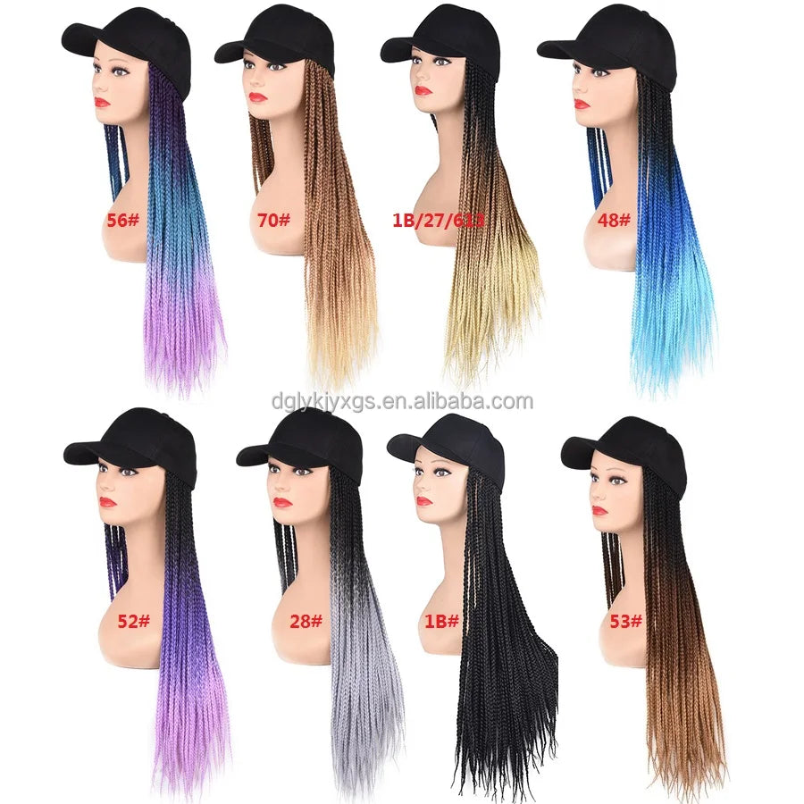 WM01  Hot Selling Long Synthetic Baseball Hat Wig With Braided Box Braids Wigs for Afro Women Rwhite Hat Wig Adjustable