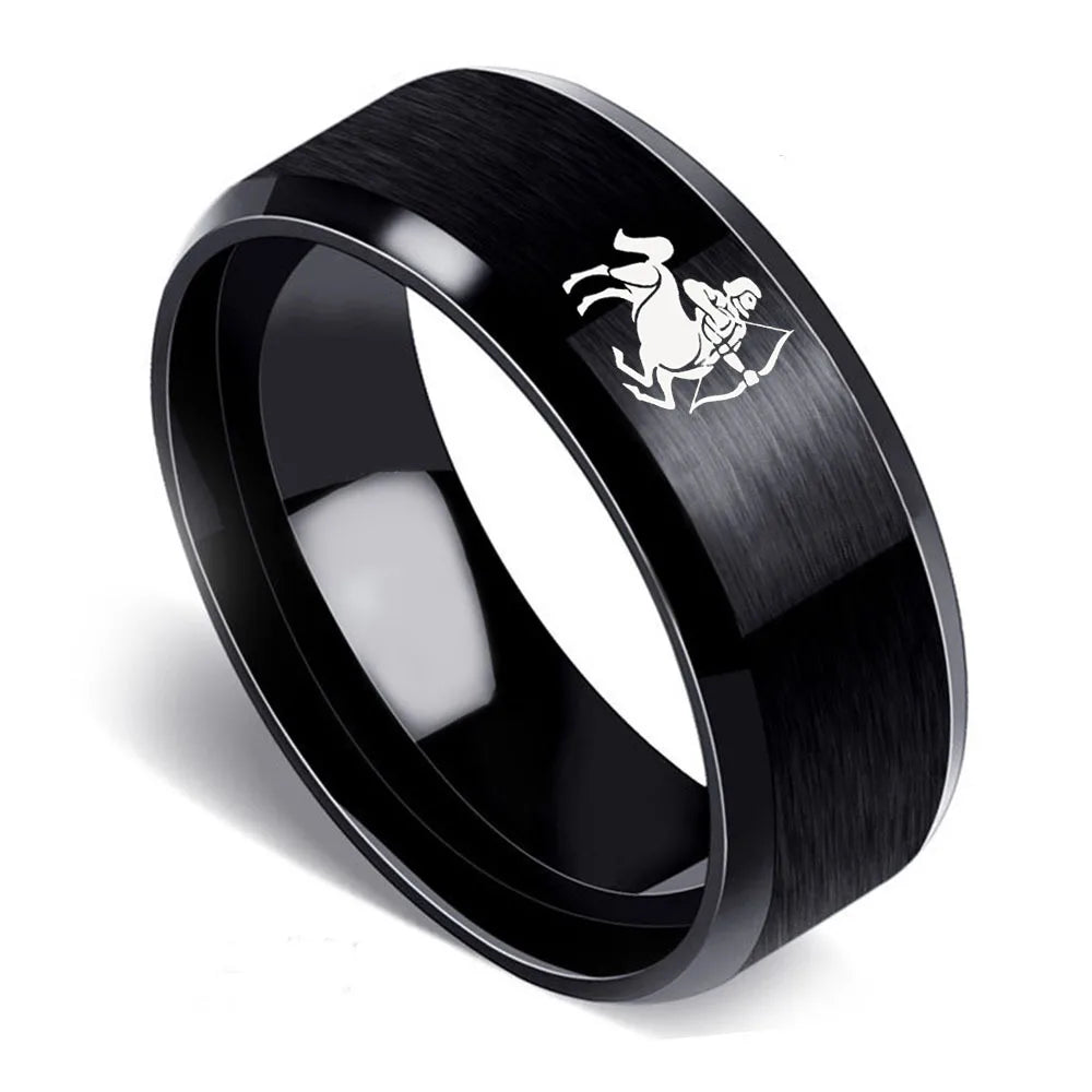 Hot Selling 8MM Wide 12 Horoscope Rings Titanium Steel Simple Ring  Black Double Beveled Scrub