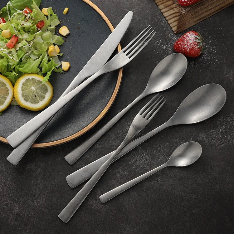 Antique Stainless Steel 18/10 Vintage Cutlery Matt Silver Stonewashed Flatware Sets Laser Logo Back School Customized Printing