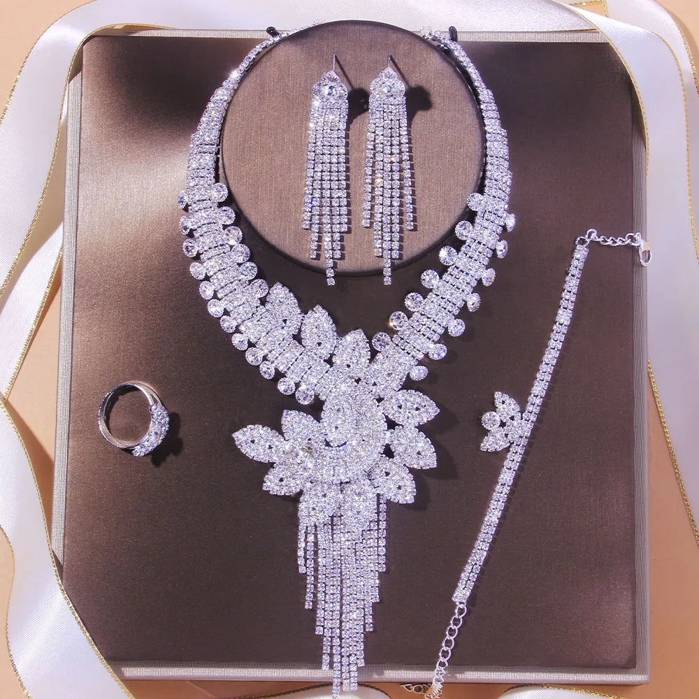 Statement Long Tassel Rhinestones Bride Wedding Necklace Set 4pcs Zircon Bridal Jewelry Sets for Women