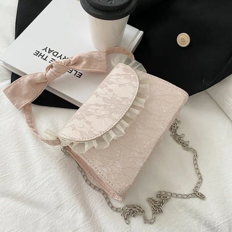 Elegant Lace Women's Small Shoulder Square Bag Bow Solid Colour Female Crossbody Bags Chain Design Ladies Tote Purse Handbags
