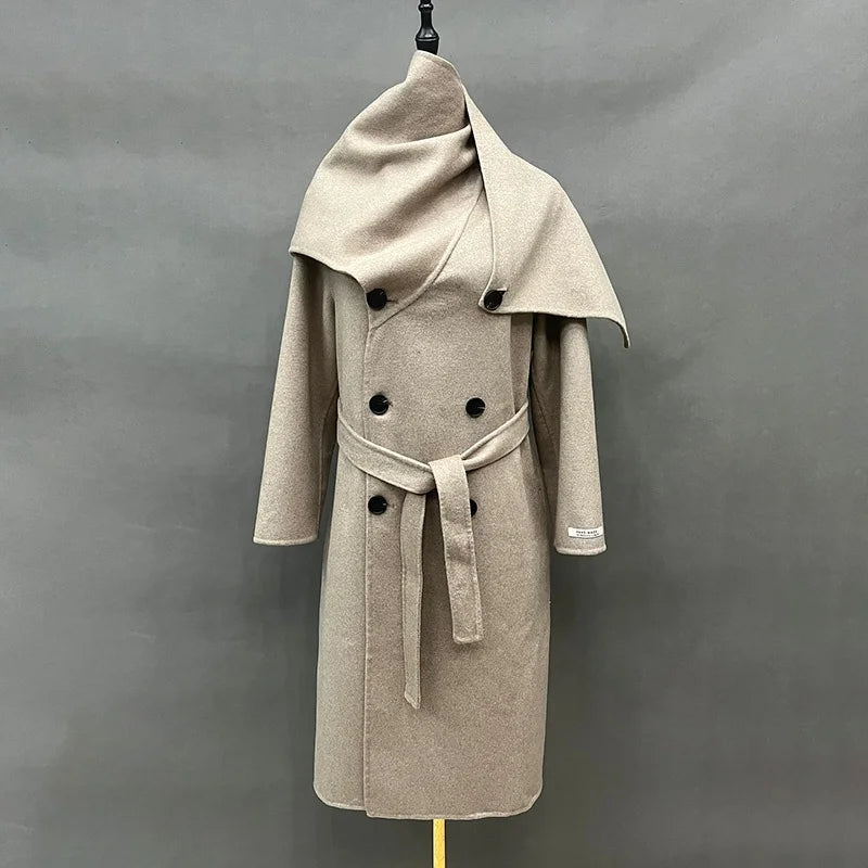 High Fashion Scarf Collar Double Breasted Cashmere Coat Women Lengthen Wool Coat
