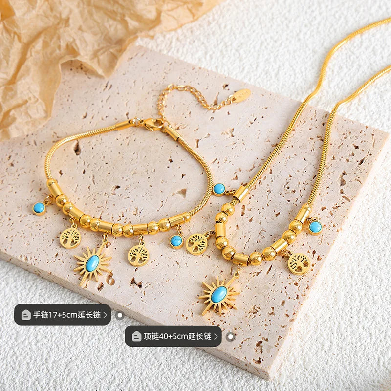 New Design Sun Life Tree Stainless Steel Turquoise Necklace Bracelet Jewelry Set for Women P030-E075