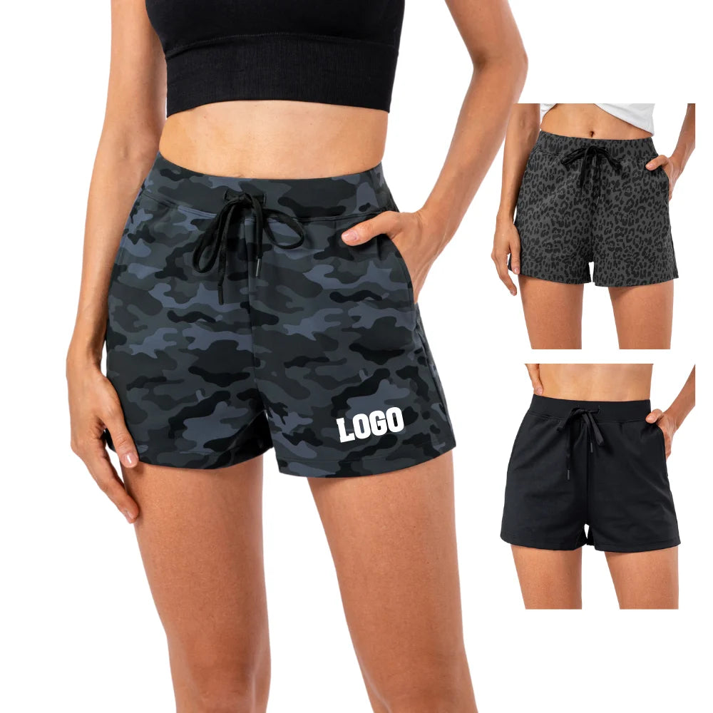 Custom Logo Ladies Summer Outdoor Workout Shorts Breathable Bermudas with Loose Fit & Camouflage Leopard Print for Women