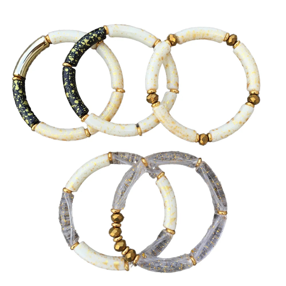New Bohemia Transparent Gold Foil White Retro Spots Tube Beads Bracelet Lucite Acrylic Bamboo Large Bracelet Bangles
