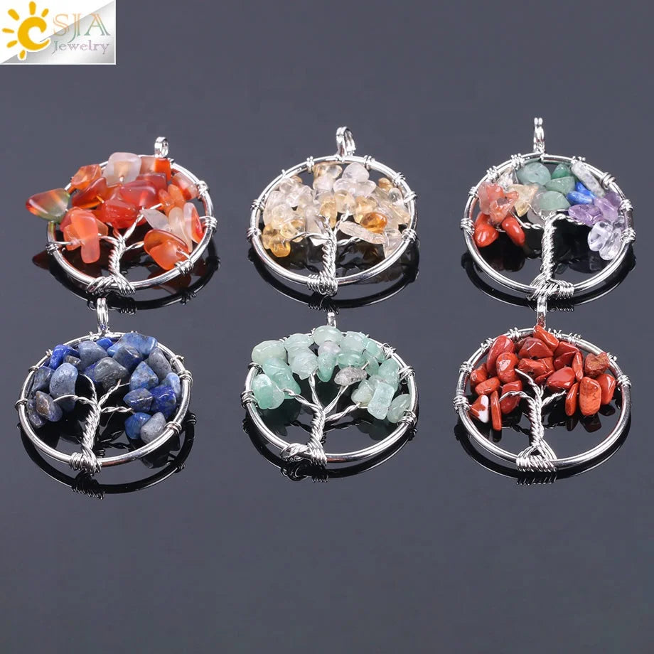 CSJA Wholesale 7 Chakra Wire Wrapped Lucky Riches Natural Stone Crystal Chip Amethyst Tree of Life Pendant Jewelry Necklace F141