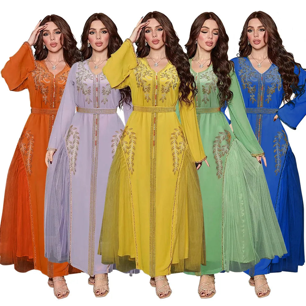 Women Long Sleeve Beaded Maxi Dress Arab Loose Causal Robes Abaya Dress