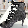 EVKOODANCE Women Black Satin Lining 10cm Stiletto Heel Peep Toe Booties Lace-up Ballroom/Latin Dance Shoes Rhinestone Detail