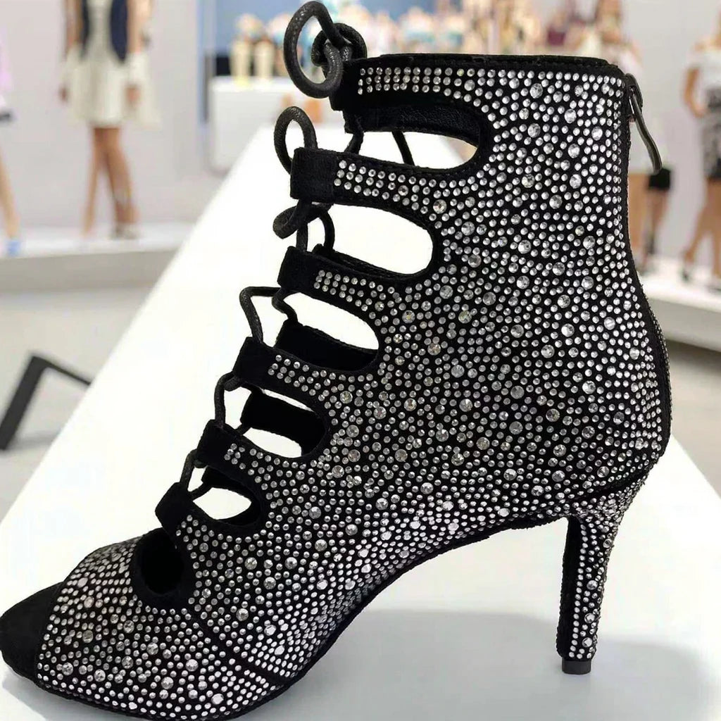 EVKOODANCE Women Black Satin Lining 10cm Stiletto Heel Peep Toe Booties Lace-up Ballroom/Latin Dance Shoes Rhinestone Detail