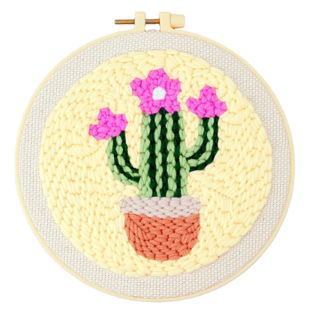 2026 Starters Cacti Embroidery Kit DIY Cross Stitch Craft with Fabric Hoop Threader Stamped Monk Cloth Full Set Punch Needle Kit