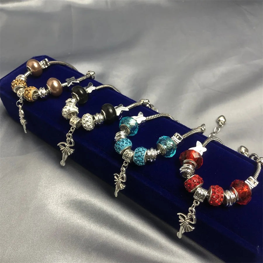 Stainless Steel Charm Rhinestone Crystal Women Bracelet Heart Pendant Brand Charm Bracelet